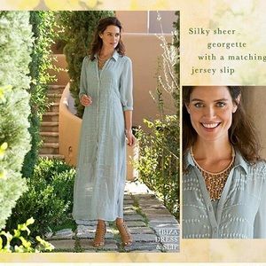 Soft Surroundings Ibiza Dress & Slip Grey Georgette Sheer Shirtdress Large NWOT